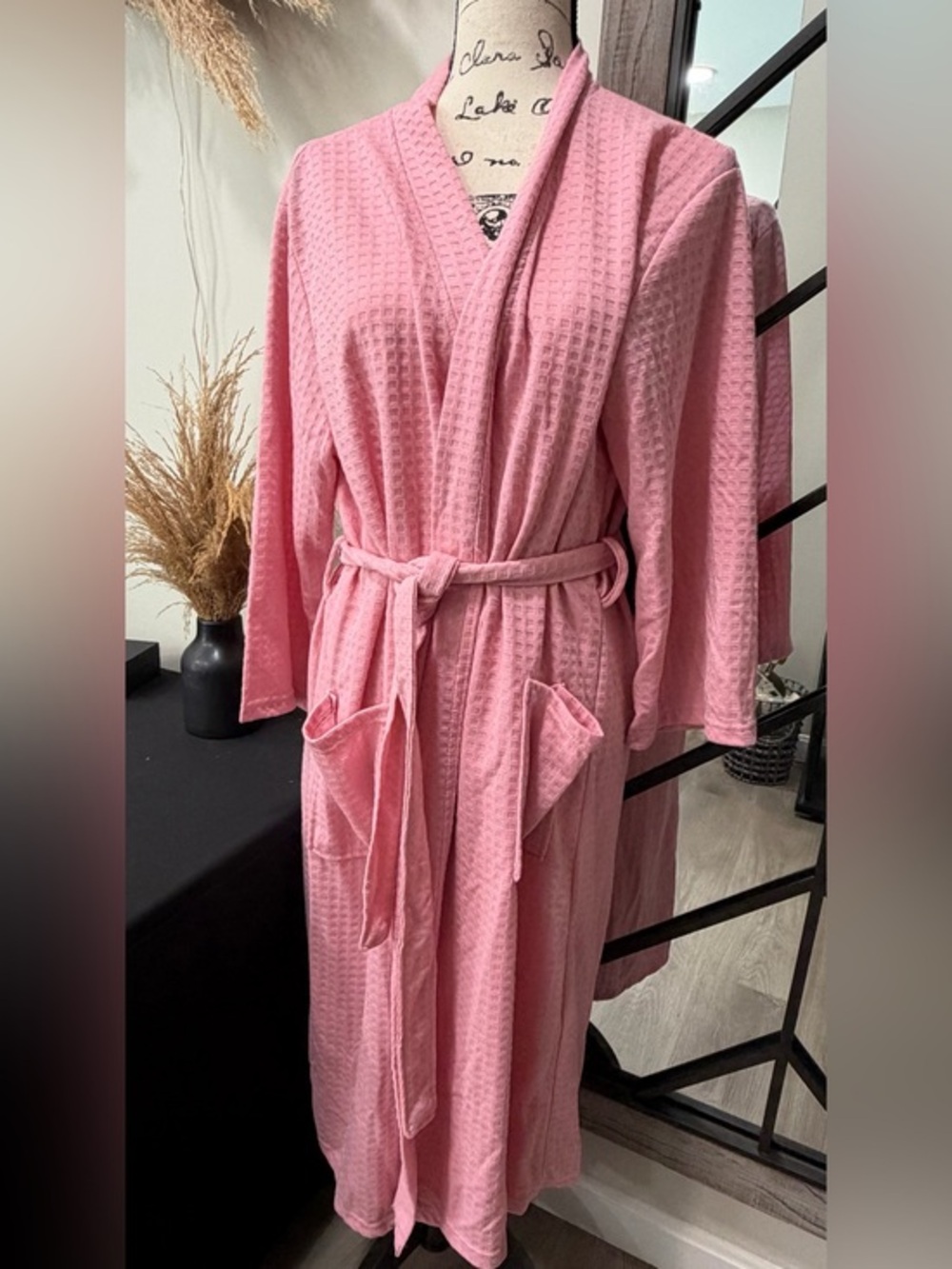 Pink Waffle-Knit Robe with Pockets